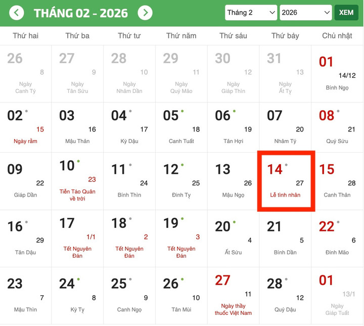 Ngày lễ Tình nhân Valentine 2026 diễn ra vào thứ Bảy. (Ảnh chụp màn hình)