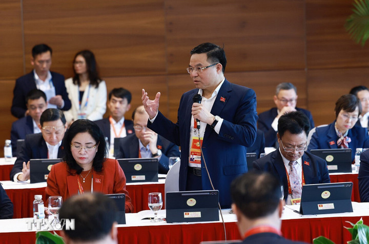 Quyền Bộ trưởng Bộ Công Thương Lê Mạnh Hùng phát biểu thảo luận tại Đoàn. (Ảnh: TTXVN)