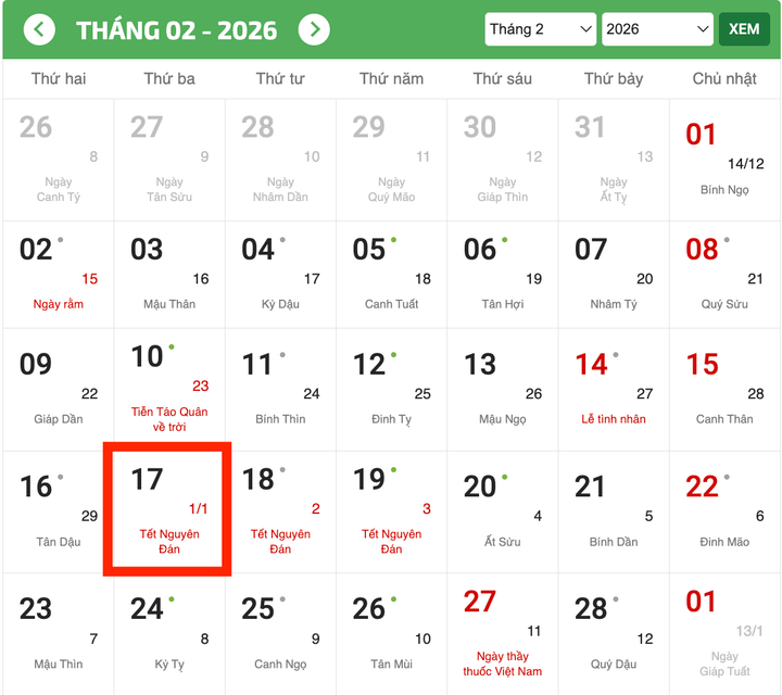 Mùng 1 Tết Nguyên đán Bính Ngọ 2026 là ngày 17/2/2026 Dương lịch. (Ảnh: Chụp màn hình)