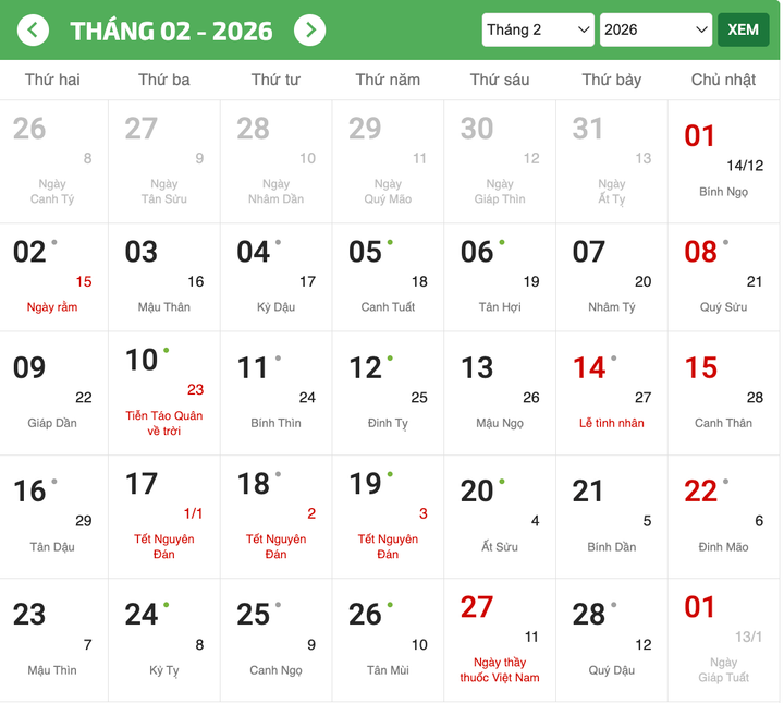 Tháng 2 của năm 2026 sẽ chỉ có 28 ngày. (Ảnh: Chụp màn hình)