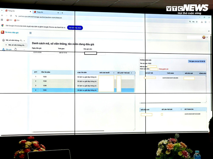Giao diện màn hình của giám sát viên phiên đấu giá các số dịch vụ (một số thông tin bảo mật được che). (Ảnh: Mạnh Hùng)