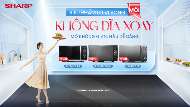 Lò vi sóng không đĩa xoay Sharp mới: Mở không gian, nấu dễ dàng.