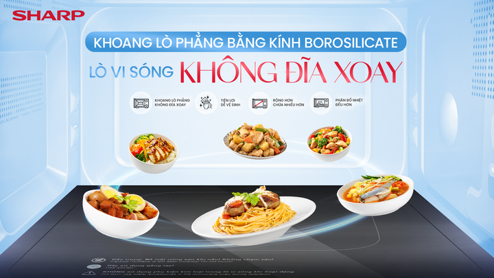 Khoang lò phẳng bằng kính Borosilicate giúp vệ sinh tiện lợi, tăng sức chứa và phân bổ nhiệt đều.