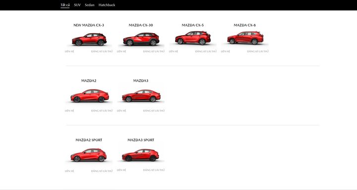 Mazda 6 không còn trong danh sách sản phẩm trên website của Mazda Việt Nam. (Ảnh chụp màn hình)