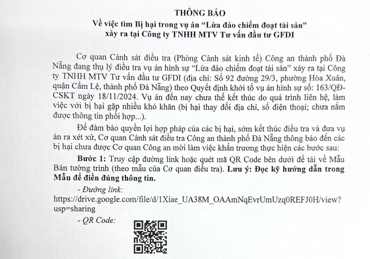 Công an Đà Nẵng tìm bị hại trong vụ lừa đảo xảy ra tại Công ty GFDI. (Ảnh: C.A)