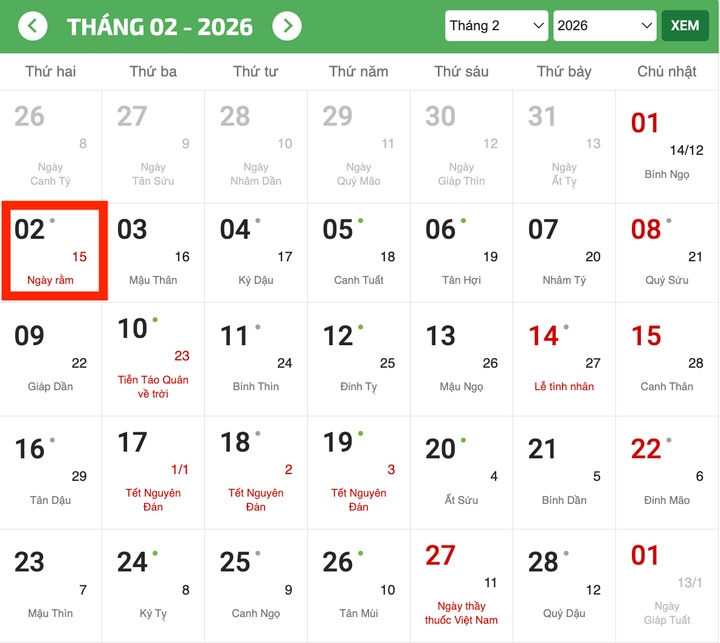 Ngày rằm tháng Chạp rơi vào thứ Hai. (Ảnh: Chụp màn hình)
