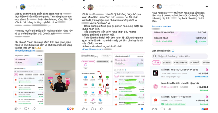 Người dùng hào hứng chia sẻ trải nghiệm mua sắm hoàn tiền trên mạng xã hội.