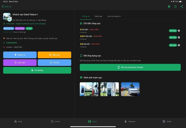 Thông tin của điểm sạc trên ứng dụng. (Ảnh: Chụp màn hình)