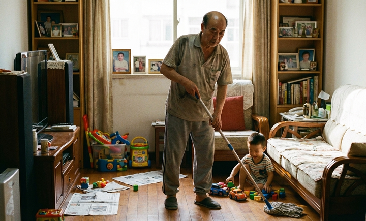 Ở tuổi 68, tôi vừa phải làm việc nhà hộ con, vừa phải chăm sóc cháu. (Ảnh minh họa: AI)