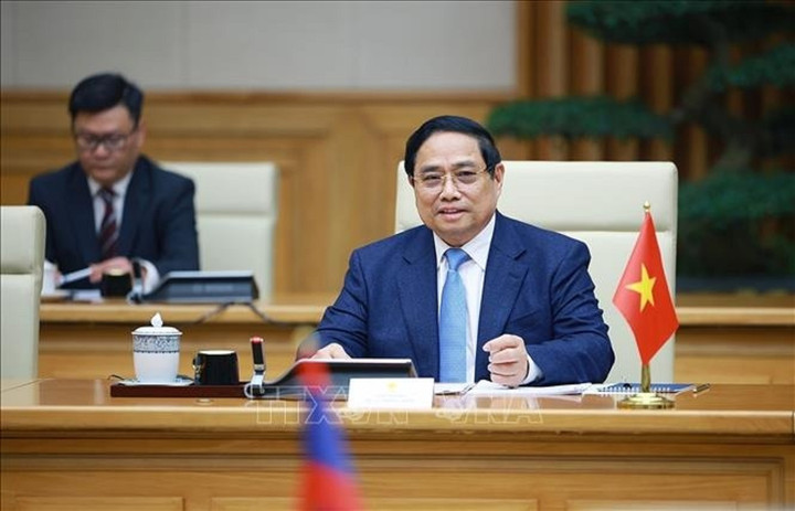 Thủ tướng Phạm Minh Chính phát biểu tại cuộc hội kiến Tổng Bí thư, Chủ tịch nước Lào Thongloun Sisoulith. (Ảnh: Dương Giang/TTXVN)