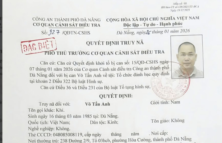 Công an TP Đà Nẵng truy nã Võ Tấn Anh. (Ảnh: C.A)