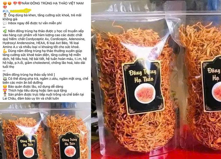 Đông trùng hạ thảo được quảng cáo như thần dược với giá chỉ 350.000 đồng/kg (Ảnh chụp màn hình).