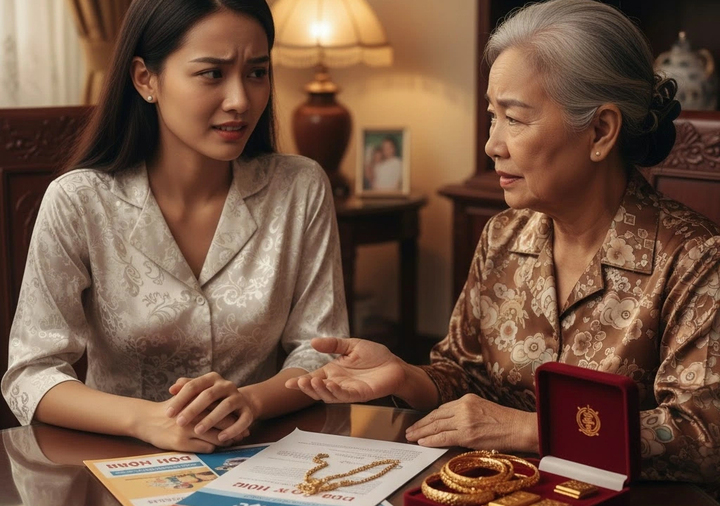 Mẹ chồng muốn mượn tôi số vàng cưới để lo cho cô út đi du học. (Ảnh minh họa: AI)