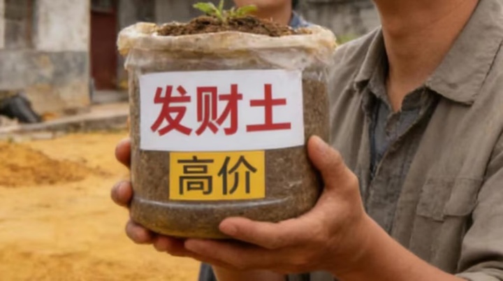 Một người đàn ông giơ cao một thùng chứa loại đất được gọi là "đất may mắn". (Ảnh: myzaker)