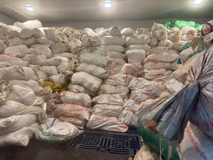 Lòng lợn được đóng trong bao tải.