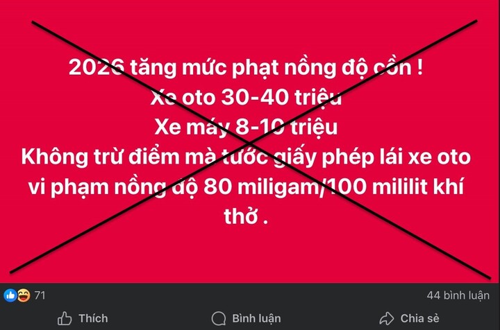 Thông tin thất thiệt về mức phạt vi phạm nồng độ cồn lan truyền trên mạng xã hội.
