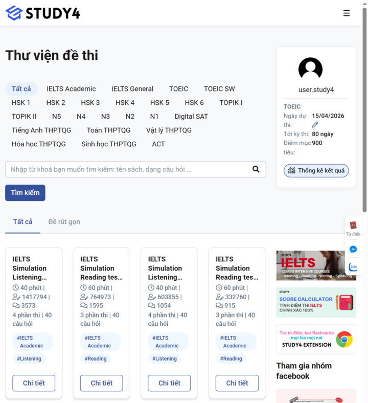 STUDY4 có thư viện đề thi miễn phí phong phú. (Ảnh: STUDY4)