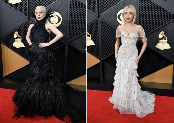 Lady Gaga và Sabrina Carpenter chọn phong cách đối lập khi xuất hiện ở thảm đỏ. Lady Gaga đang là ngôi sao có nhiều đề cử quan trọng tại Grammy lần thứ 68. (Ảnh: Billboard)