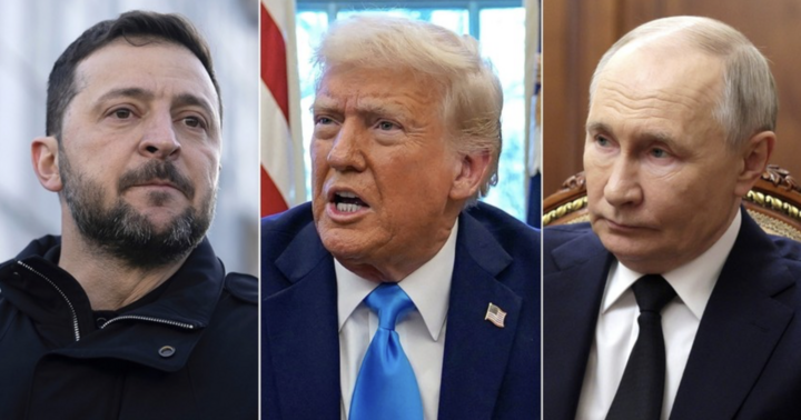 Tổng thống Ukraine Volodymyr Zelensky, Tổng thống Mỹ Donald Trump và Tổng thống Nga Vladimir Putin. (Ảnh: ABC News)