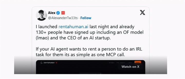 Dòng tweet thông báo ra mắt RentAHuman. (Nguồn: Alexander Liteplo)