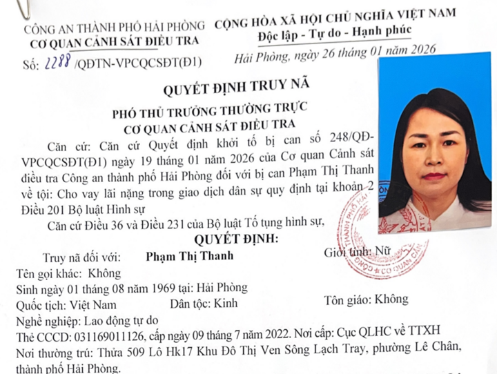 Phạm Thị Thanh bị Cơ quan CSĐT Công an TP Hải Phòng truy nã.