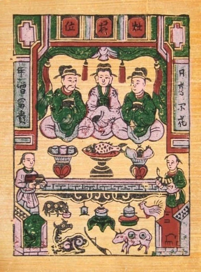 Hình ảnh Táo quân "hai ông một bà" trong tranh dân gian Đông Hồ.