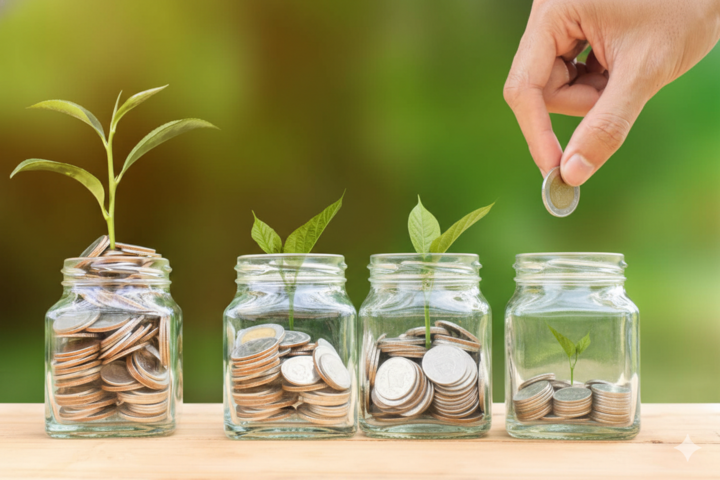 Công thức 4 chiếc hũ: Tiết kiệm, chi tiêu, chia sẻ, đầu tư. (Ảnh minh họa: AI)