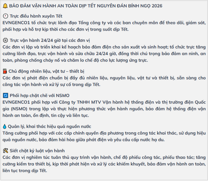 EVNGENCO1 giữ vững vận hành an toàn dịp Tết Nguyên đán, sẵn sàng cho cao điểm mùa khô.