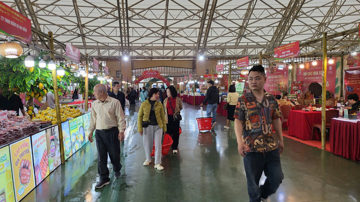 Người dân nô nức đi mua sắm Tết tại hội chợ.