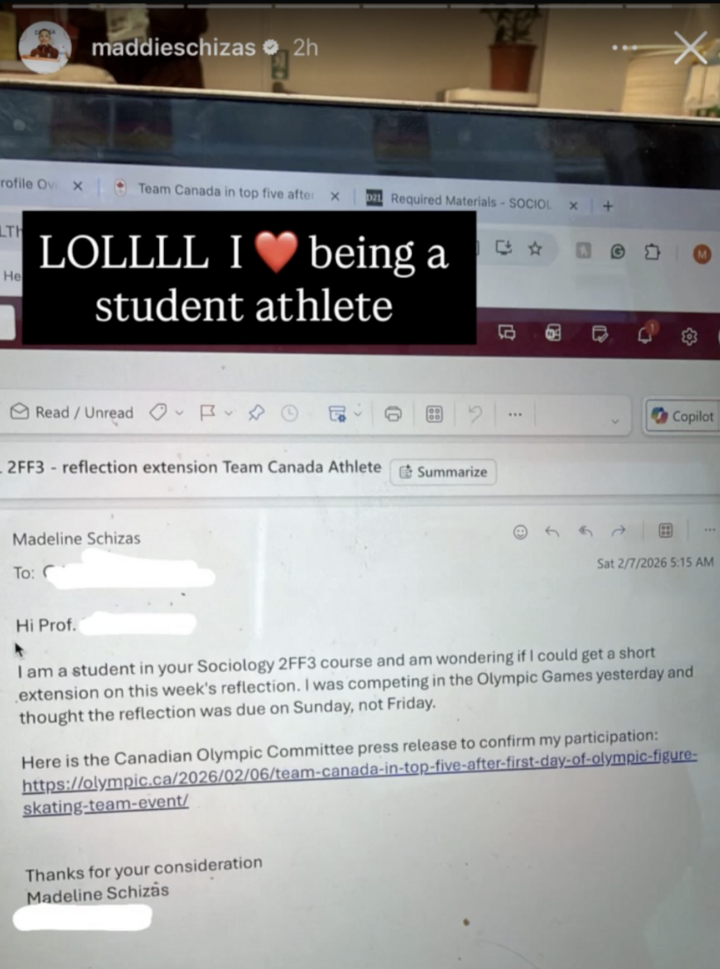 Schizas đăng ảnh chụp email gửi giảng viên xin thêm thời gian hoàn thành bài phản hồi vì trùng lịch thi đấu Olympic.