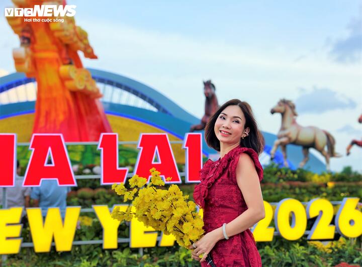 Nhiều bạn nữ duyên dáng bên cụm linh vật ngựa của tỉnh Gia Lai.