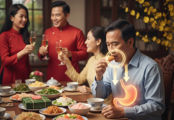 3 nguyên tắc ăn uống người có bệnh dạ dày phải 'nằm lòng' để Tết khỏe (Ảnh: AI).