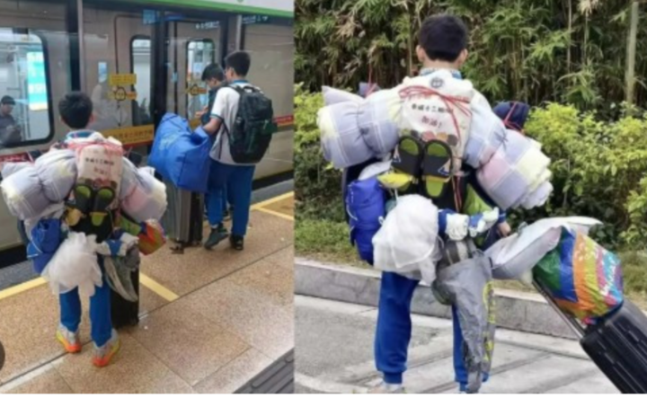 Một học sinh trung học cơ sở được cộng đồng mạng khen ngợi vì tự mình mang khối hành lý lớn buộc sau lưng khi về quê nghỉ Tết Nguyên đán. (Ảnh: SCMP/Weibo)
