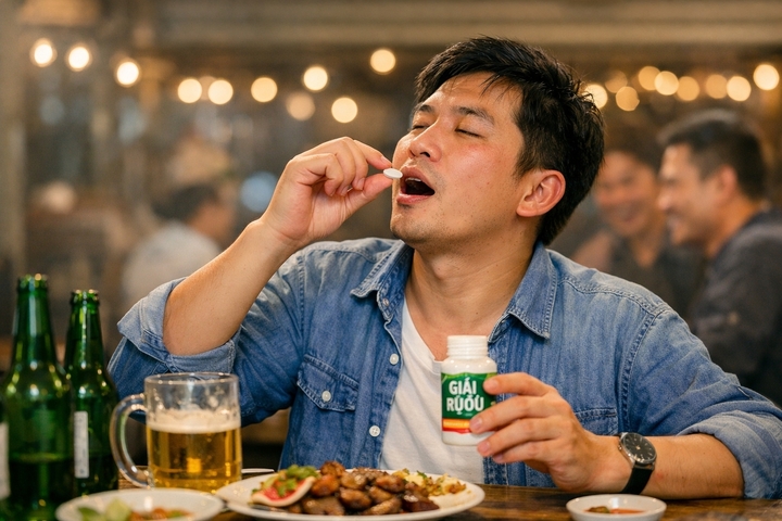 Nhiều người có thói quen uống thuốc “giải rượu” trước hoặc sau khi nhậu với niềm tin rằng có thể bảo vệ gan. (Ảnh minh hoạ được tạo bởi AI)