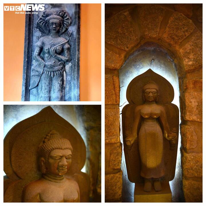 Đặc biệt, có hai bức phù điêu cô gái Chăm cao khoảng 1,5 m, đầu đội mũ vàng hình 3 ngọn tháp Chăm, chân quấn 3 vòng vàng còn nguyên vẹn được đắp nổi ở phần tường vòm, gần cửa chính của biệt thự và cũng không ai hiểu ý nghĩa của hai bức phù điêu này.