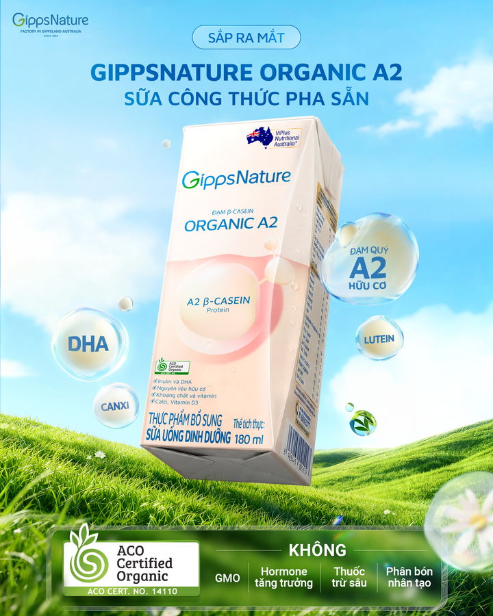 Sữa công thức pha sẵn GippsNature Organic A2 được sản xuất trên dây chuyền đạt chuẩn ACO tại Việt Nam.