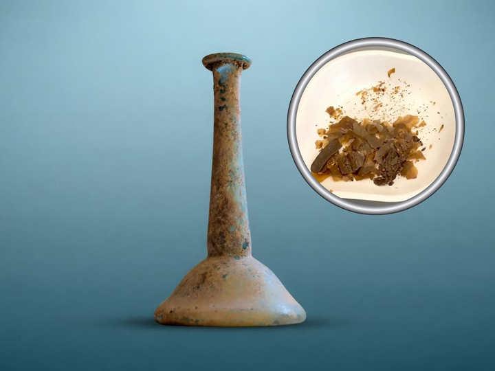 Bình thủy tinh unguentarium và những mảnh vụn màu nâu sẫm được phát hiện bên trong. (Ảnh: Cenker Atila)