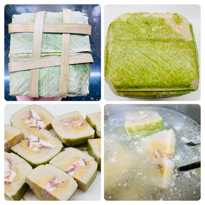 Bóc bánh chưng, cắt thành từng miếng vừa ăn rồi cho vào nồi áp suất. (Ảnh: Nguyễn Hồng Thúy)