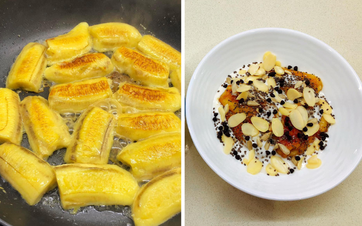 Món chuối chiên mix cốt dừa và hạt khô giải cứu chuối sau Tết. (Ảnh: Châu Giang)