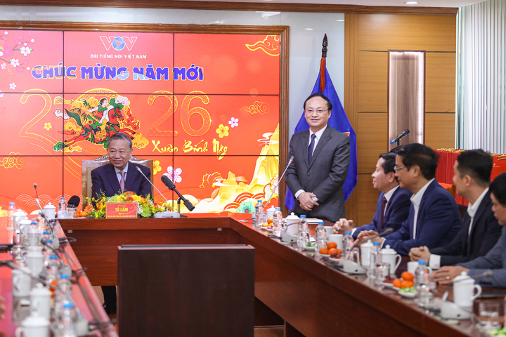 Tổng Giám đốc Đài TNVN Đỗ Tiến Sỹ phát biểu trong lễ đón Tổng Bí thư Tô Lâm tới thăm và chúc Tết Đài TNVN.