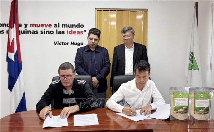 Giám đốc điều hành Dự án lúa AgriVMA Đặng Quang Thủy và Chủ tịch Tập đoàn nông nghiệp Cuba Orlando Linares Morell ký biên bản giao nhận gạo.