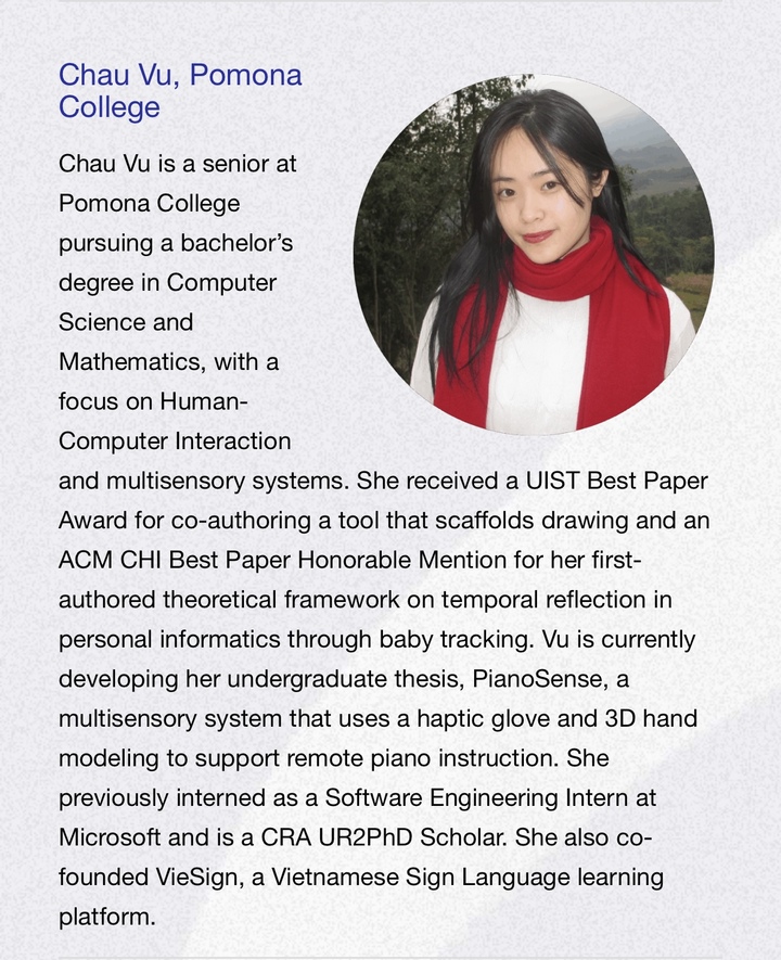 Châu hiện là sinh viên năm cuối chuyên ngành Tương tác Người - Máy và hệ thống đa giác quan tại Mỹ. (Ảnh: CRA)