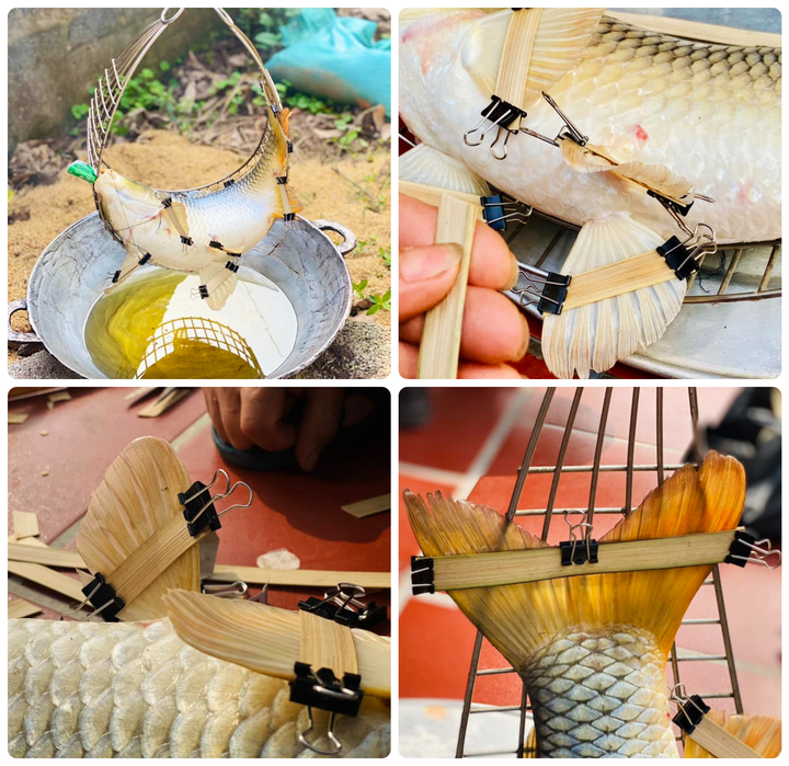 Cá chép dùng để làm cỗ khao lão tại làng Diệc thường nặng từ 3kg trở lên và phải đảm bảo còn râu, vây nguyên vẹn nên để tìm được con cá đúng yêu cầu không hề đơn giản. Cá phải ngâm nước muối cho hết nhớt, bớt tanh. Bụng cá được nhồi lá chuối khô, khâu lại chỗ rạch làm sao để nhìn thoáng qua sẽ không phát hiện được. Từng cái vây cá, đuôi cá cũng được nẹp căng ra, ghim định hình sao cho xoè thật đẹp. Một cái phễu giấy được nhồi vào miệng cá, tất cả những công đoạn này mất hơn một giờ đồng hồ để hoàn thành.