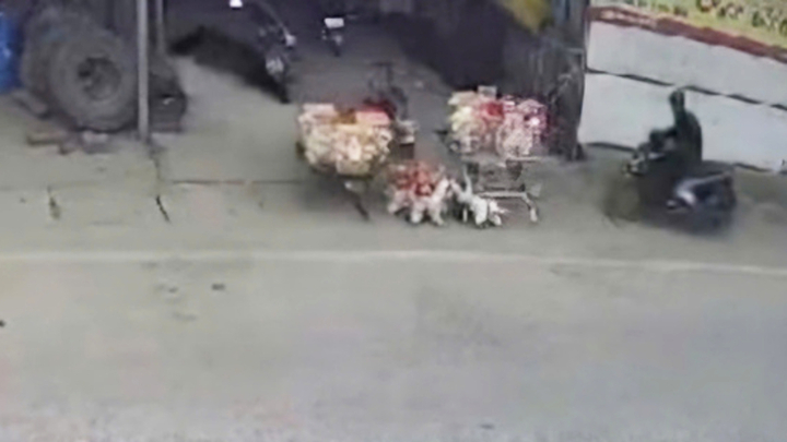 Xe máy lao tới khu vực trước cửa nhà dân gây ra vụ tai nạn thương tâm chiều mùng 2 Tết. (Ảnh cắt từ clip)