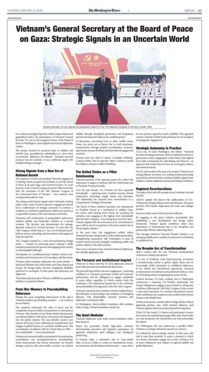 Bài viết đăng trên tờ Thời báo Washington số ra ngày 19/2. (Ảnh: TTXVN)