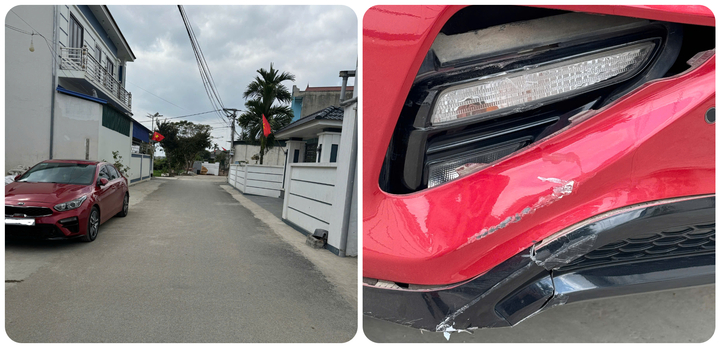 Chiếc Kia Cerato đỗ sát lề đường bị xe máy va quệt vỡ ốp đèn hậu, nứt cản, xước sơn nhưng người đi xe máy vẫn thách thức "không đền", chỉ khi chủ ô tô báo công an, mới xuống nước nhận lỗi và xin bồi thường. Ảnh: NVCC