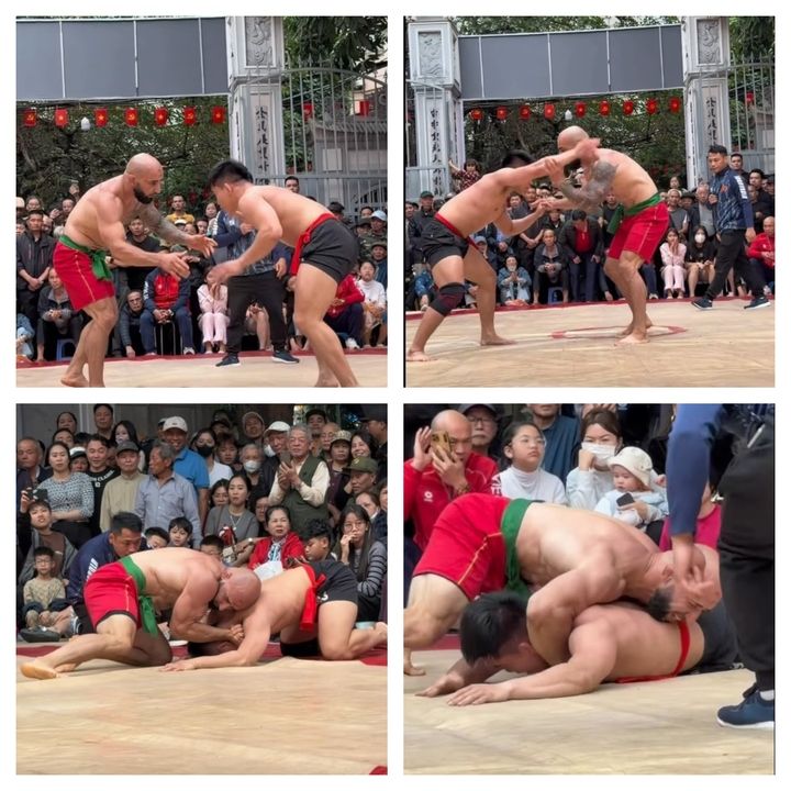 Đô vật Rafael so tài với Bạch Văn Nghĩa ở sới vật Mai Động (Hà Nội) - Ảnh cắt từ clip