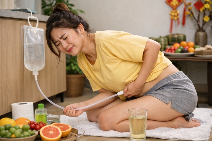 Chuyên gia cảnh báo sai lầm khi nhiều người tin rằng thụt rửa đại tràng giúp thải độc sau những ngày ăn uống quá đà. (Ảnh minh hoạ do AI tạo)
