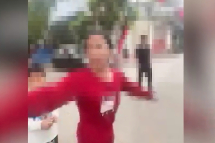 Người phụ nữ đòi thu tiền phí đỗ xe ô tô tại gần cổng chùa Gôi. (Ảnh cắt từ clip)