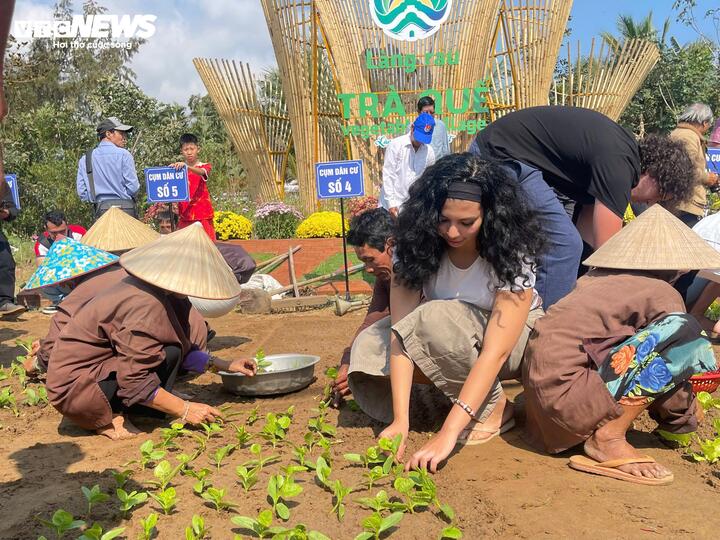 Nữ du khách nước ngoài cùng với nông dân địa phương tham gia hội thi cấy cải.